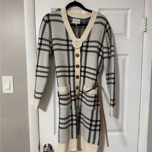 Plaid Knit Cardigan Dress with Belt - Size L